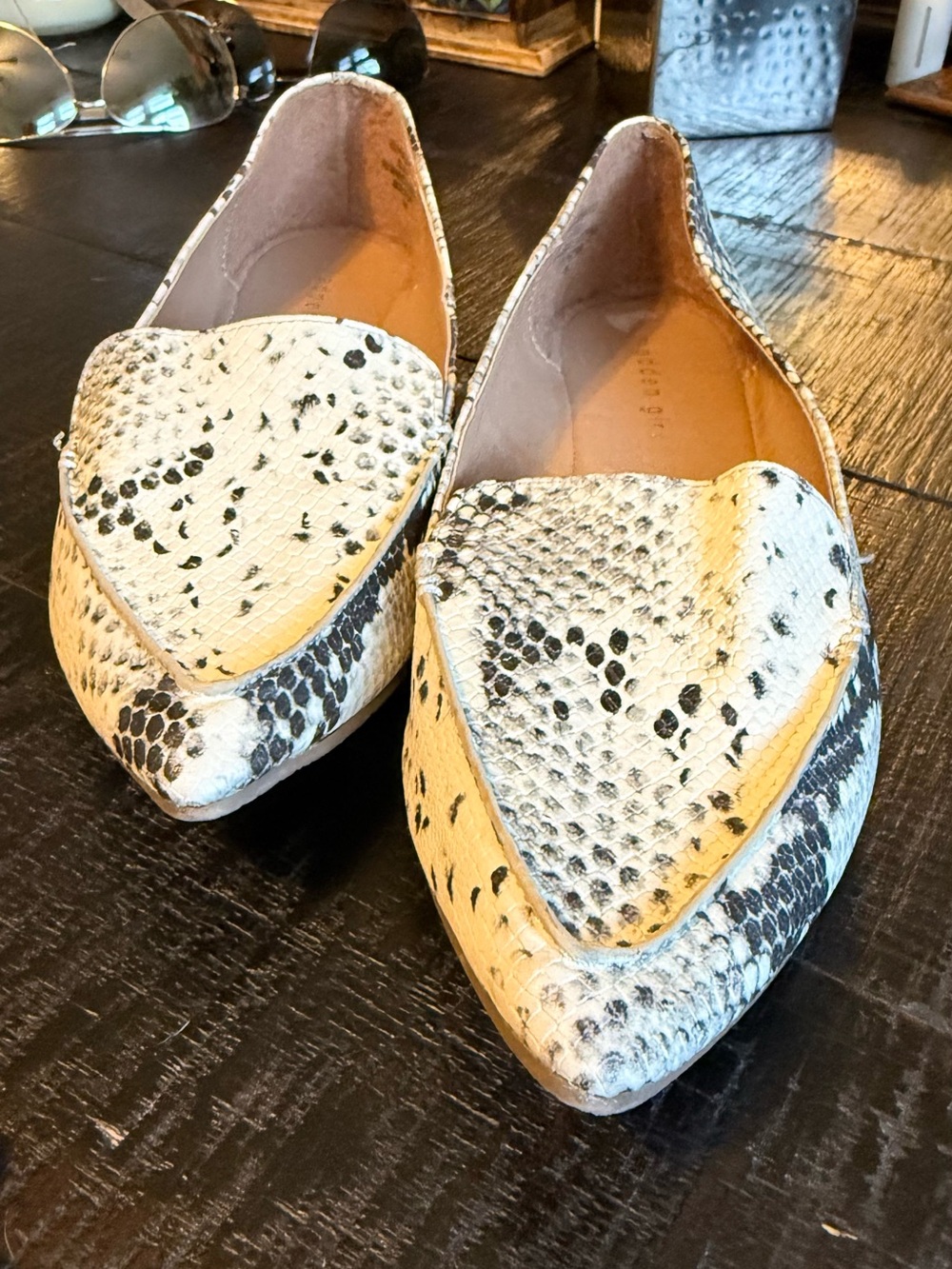 Madden girl Women's Pointed Snake-Print Slip-On Flats in White and Black